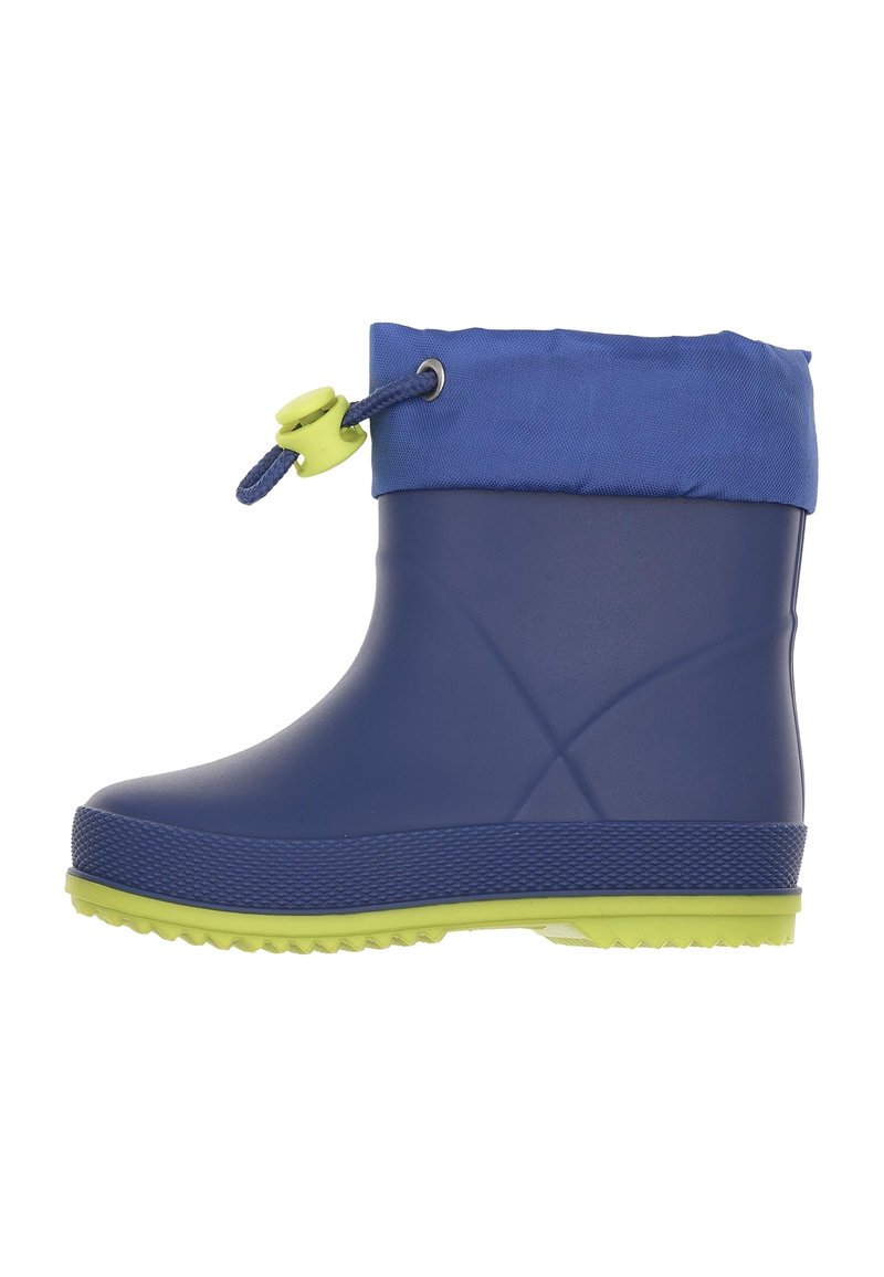 Botte en caoutchouc bleue avec une semelle texturée et une base vert fluo. Comprend un col en tissu bleu et un cordon de serrage avec un bouton vert.