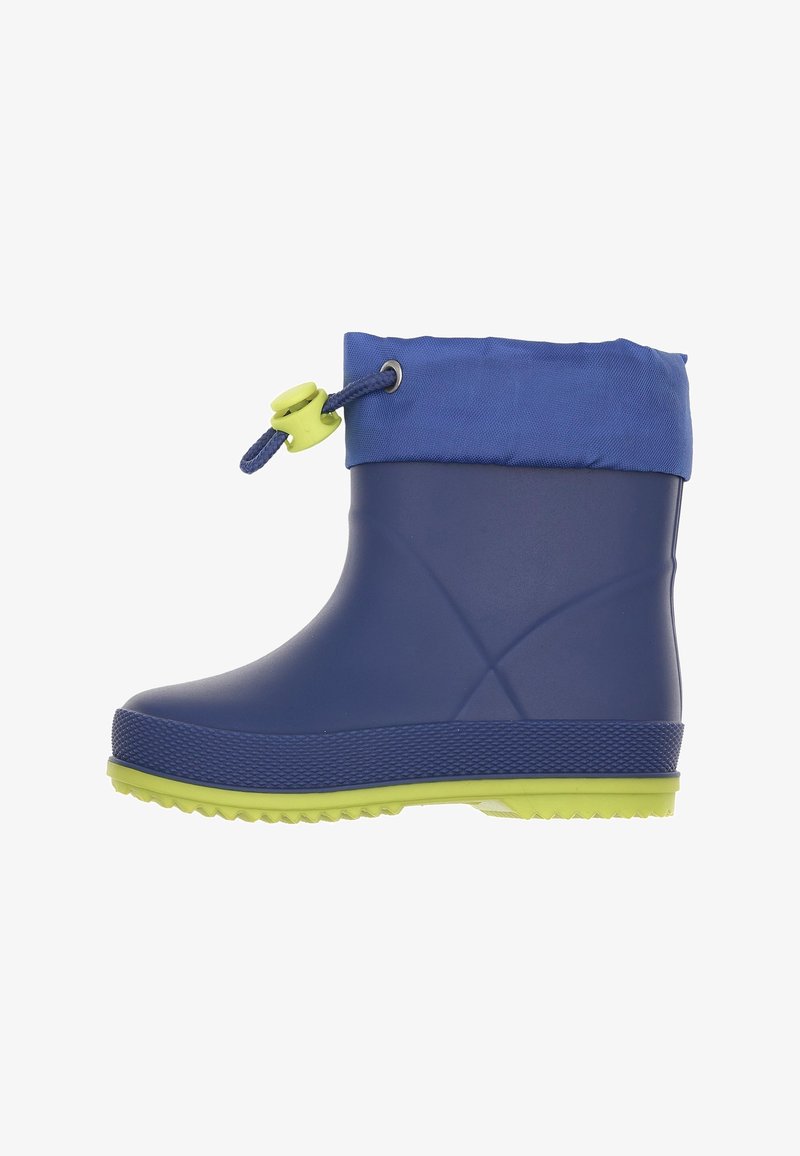 Botte en caoutchouc bleue avec une semelle texturée et une base vert fluo. Comprend un col en tissu bleu et un cordon de serrage avec un bouton vert.