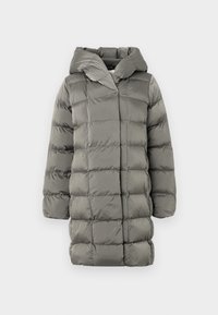 Grijze pufferjas met een capuchon, met een gewatteerd design en een rechte zoom. Gemaakt van glanzende, soepele stof met een lichte uitstraling.