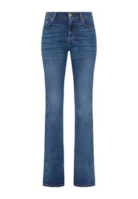 Blauwe denim jeans met een wijde pijp ontwerp, hoge taille, subtiele vervaging, voorkruimelzakken en een klassieke metalen knoopsluiting.