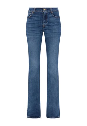 Blauwe denim jeans met een wijde pijp ontwerp, hoge taille, subtiele vervaging, voorkruimelzakken en een klassieke metalen knoopsluiting.
