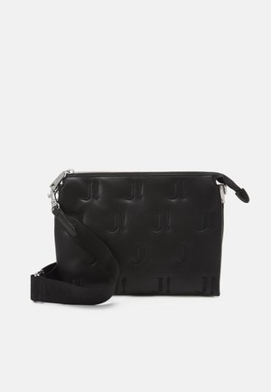 Black leather pouch bag featuring embossed "J!" pattern, silver zipper, and adjustable strap. Smooth texture, rectangular shape.