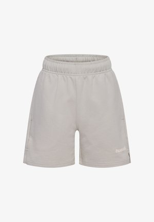 Lysegrå elastiske shorts med sidelommer og "hummel"-logo på højre underben, ensfarvet design og knælængde.