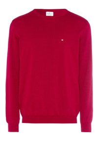 Czerwony sweter dzianinowy z okrągłym dekoltem, długimi rękawami oraz prążkowanymi mankietami i dołem. Mały detal z logo na piersi. Gładka tekstura.