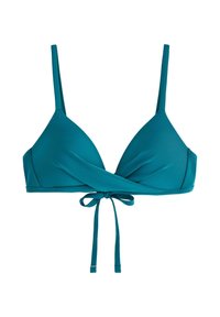 Tyrkysový bikiny top s trojúhelníkovým designem, tenkými nastavovacími ramínky a detailem uzlu vpředu. Vyrobeno z hladké, elastické tkaniny.