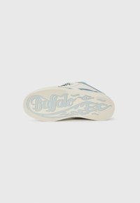 Buffalo sneaker sole in cream with blue accents. Features a textured design and logo with flame graphics. Smooth rubber material.