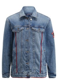 Jeanjacka i ljusblått med knäppning framtill, två bröstfickor, röda sömmar på sidorna och en stjärnpatch på vänster ärm.