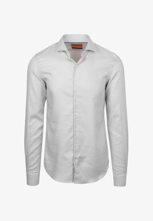 Lichtgrijs overhemd met knoopjes en een klein geruit patroon, met puntkraag en lange mouwen. Bevat knopen aan de voorkant en heeft een getailleerd ontwerp.