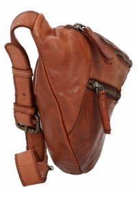 Braune Leder-Schultertasche mit einem Reißverschluss, runder Form, verstellbarem Tragegurt und sichtbaren Nähten. Strukturierte Oberfläche.