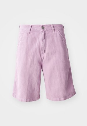 Light purple denim shorts with a straight cut, featuring a button and zipper closure, five-pocket design, and subtle texture.