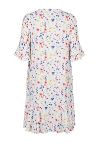 Blumenkleid mit weißem Hintergrund und bunten Blumenmustern, kurzen, ausgestellt geschnittenen Ärmeln und einem volantsaum. Leichter Stoff.
