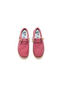 Rose-colored suede shoes with a rounded toe, white rubber sole, and decorative laces featuring yellow beads. Branding visible inside.