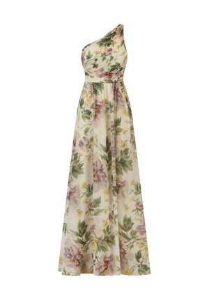 Ein ärmelloses, blumiges Kleid aus cremefarbener Stoff mit großen lila Blumen und grünen Blättern. Lange, fließende Silhouette mit gerafftem Taillenbereich.