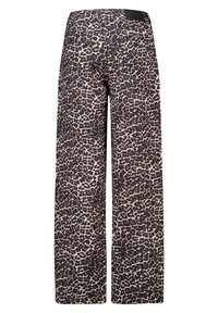 Wide-leg pants with black and beige leopard print, featuring back pockets and a black waistband label.