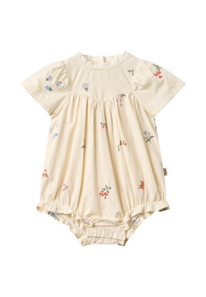 Cremefarvet babyheldragt med korte pufærmer, små blomsterprint i flere farver, blonderkant ved halsudskæringen og trykknapper i bunden.
