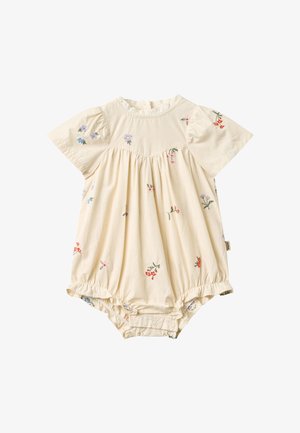 Cremefarbener Baby-Strampler mit kurzen Puffärmeln, kleinen mehrfarbigen Blumenprints, Spitzenbesatz am Halsausschnitt und Druckknöpfen am unteren Saum.