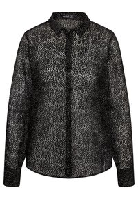 Camicia nera con bottoni, realizzata in tessuto trasparente e con un motivo testurizzato di piccoli punti. Presenta un colletto e maniche lunghe con polsini bottonati.