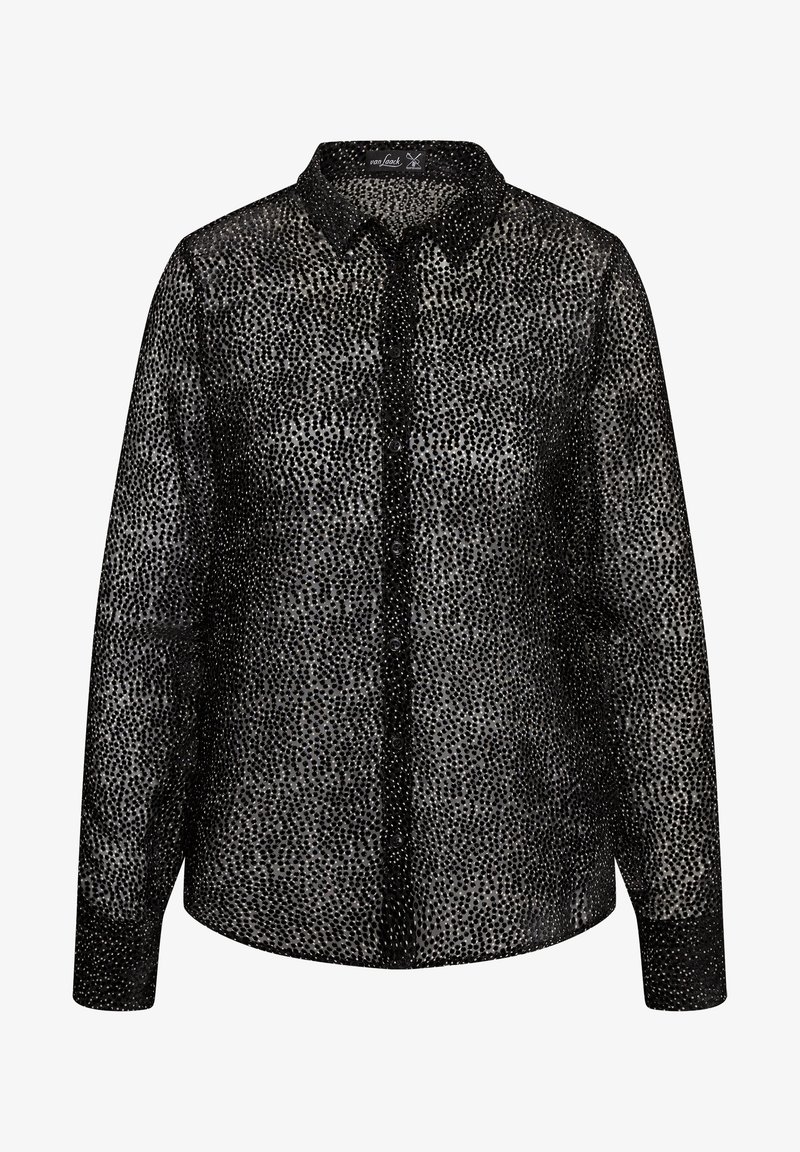 Svart skjorta med knappar i genomskinligt tyg och texturerat mönster av små prickar. Har krage och långa ärmar med knappade manschetter.