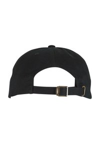 Casquette de baseball noire en matériau coton, avec une visière incurvée, une sangle en nylon ajustable à l'arrière et une boucle en métal. Design minimaliste sans logos.