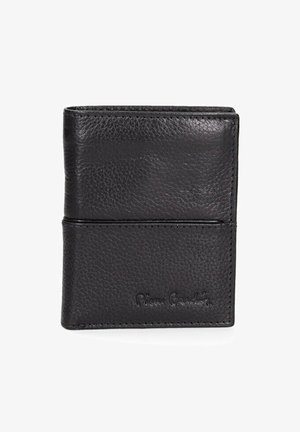 Black leather wallet featuring a textured finish, bi-fold design, and a visible logo on the lower front. Compact and practical shape.