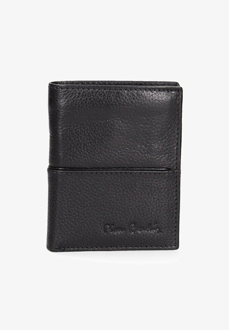 Zwarte leren portemonnee met een gestructureerde afwerking, twee-voudig ontwerp en een zichtbaar logo aan de onderzijde van de voorkant. Compacte en praktische vorm.