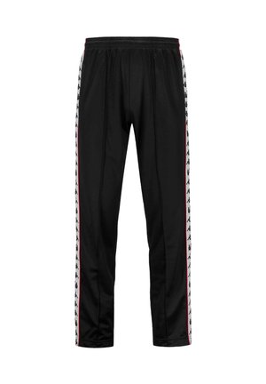 Pantaloni sportivi neri con cintura elastica, caratterizzati da strisce laterali bianche e rosse con motivi grafici ripetuti. Tessuto dalla texture liscia.