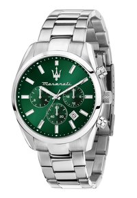 Orologio in acciaio inossidabile argentato con quadrante verde, tre sub-quadranti e display della data. Presenta un design audace con una lunetta testurizzata e bracciale.