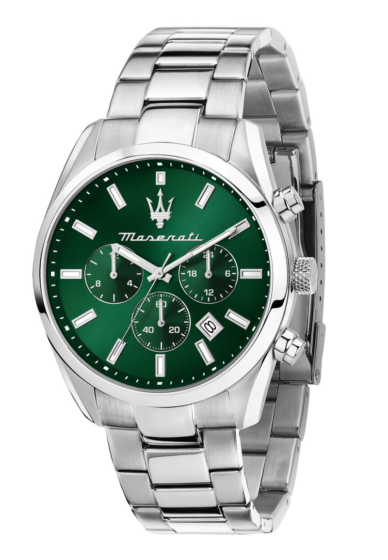 Orologio in acciaio inossidabile argentato con quadrante verde, tre sub-quadranti e display della data. Presenta un design audace con una lunetta testurizzata e bracciale.