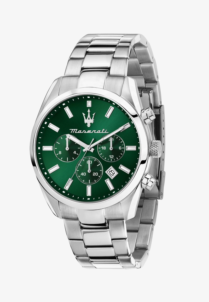 Orologio in acciaio inossidabile argentato con quadrante verde, tre sub-quadranti e display della data. Presenta un design audace con una lunetta testurizzata e bracciale.