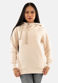 Sudadera beige claro con capucha con cordón, puños y bajo acanalados. Tejido suave con un corte relajado y bolsillo tipo canguro.