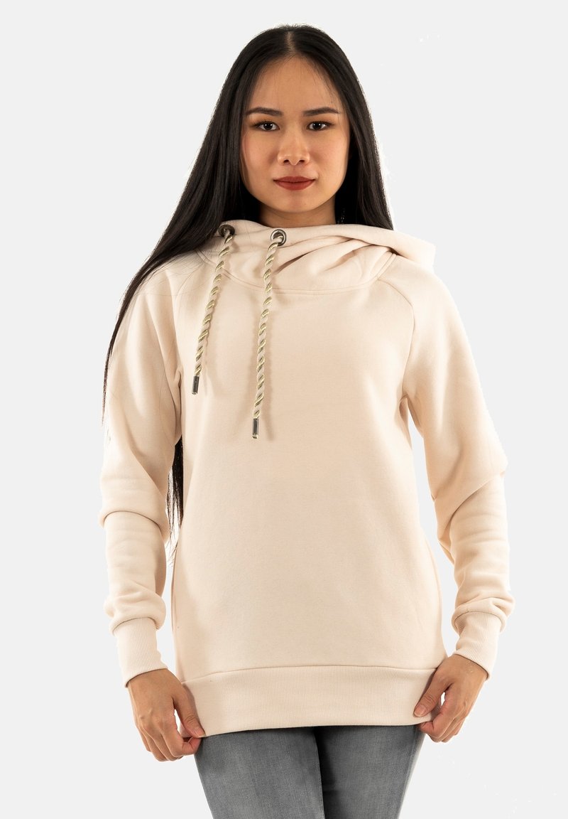 Sudadera beige claro con capucha con cordón, puños y bajo acanalados. Tejido suave con un corte relajado y bolsillo tipo canguro.