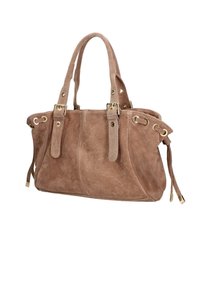 Bruine suède handtas met dubbele handvaten, gouden hardware accenten, trekkoorddetails aan de zijkanten en een gestructureerde, ronde vorm.