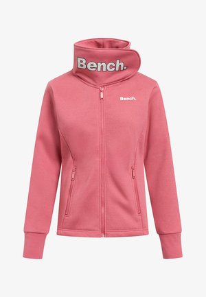 Rosa Zip-Hoodie mit hohem Kragen, ausgestattet mit einem kontrastierenden "Bench."-Logo, zwei Fronttaschen und gerippten Bündchen.