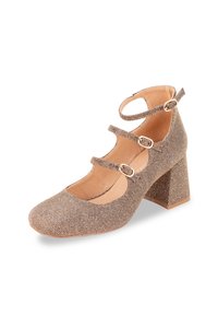 Textured brown heeled shoes with three adjustable ankle straps and a square toe. Features a chunky block heel and smooth interior lining.