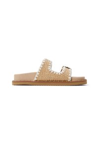 Natural fiber slide sandals with a flat tan sole, featuring woven straw upper and white stitching accents. Open toe design, casual style.