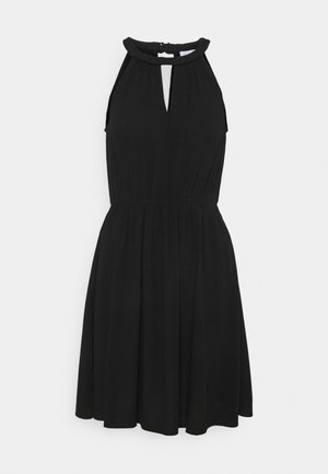 Black sleeveless dress with braided halter neckline and keyhole cutout, fitted waist, and flared skirt.