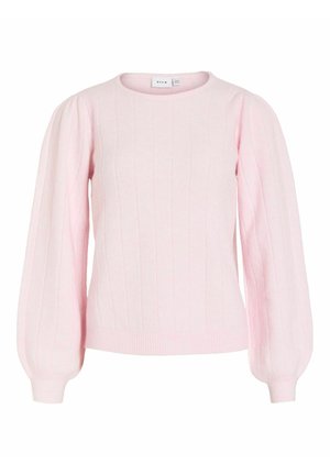 Hellrosa gestrickter Pullover mit langen, aufgebauschten Ärmeln, vertikaler Rippenstruktur, rundem Ausschnitt und enganliegenden Bündchen.