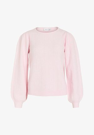 Hellrosa gestrickter Pullover mit langen, aufgebauschten Ärmeln, vertikaler Rippenstruktur, rundem Ausschnitt und enganliegenden Bündchen.