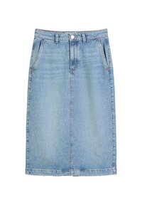 Lichtblauwe denimrok met een rechte silhoeët, vijf zakken en een sluiting met knopen aan de voorkant. Heeft subtiele vervaging en stikdetails.