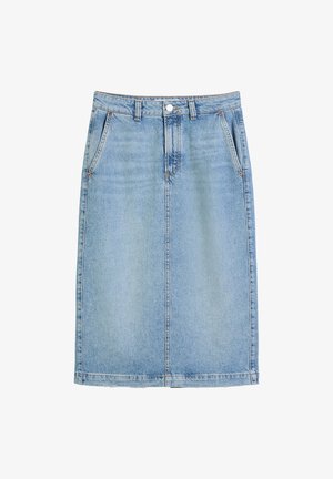 Helleblaue Denim-Rock mit gerader Silhouette, fünf Taschen und einer Vorderknopfschließe. Hat subtile Ausbleichungen und Steppnummern.