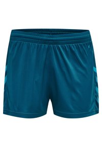 Teal athletic shorts made from lightweight fabric. Features an elastic waistband and diagonal stripes in a lighter shade on the sides.