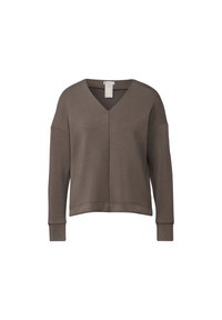 Brun, långärmad tröja med V-hals, lös passform, ribbade ärmslut och ren fåll. Tillverkad av mjukt, strukturerat material.