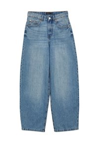 Jeans in denim azzurro chiaro a gamba larga con vita alta, due tasche frontali, chiusura con bottone e una leggera sfumatura.