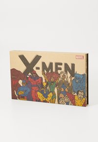 Box packaging featuring the title "X-MEN" in bold black letters. Colorful, comic-style illustrations of various characters on a brown background.