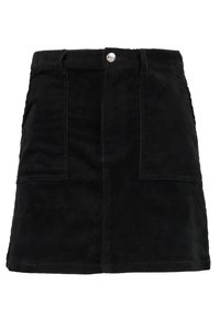 Gonna in corduroy nera con taglio dritto, dotata di due tasche frontali e una cucitura centrale. Tessuto liscio con un motivo a coste ben visibile.
