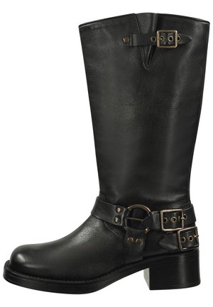 Black leather knee-high boot with a rounded toe, contoured design, dual buckles, and a chunky heel. Features a textured finish.
