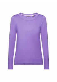 Lila crew neck-tröja med långa ärmar, tillverkad av ett smidigt, lättviktigt tyg. Har en ribbad nederkant och manschetter för extra detalj.