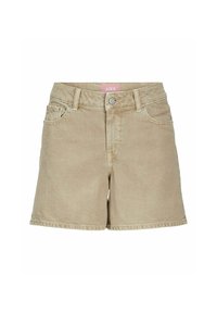 Shorts in denim beige con cinque tasche, chiusura frontale con bottone e etichetta con logo sulla vita. Taglio dritto e bordi orlati.