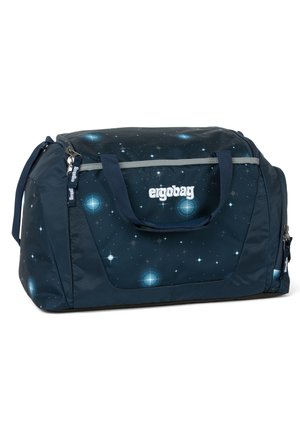 Dark blue duffel bag with starry pattern, made of durable fabric. Features two handles, a zipper closure, and grey accents. Ideal for travel.