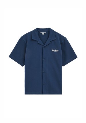 Camicia blu navy a manica corta con bottoni, in tessuto lavorato con ricamo "Blue Ridge" sul petto sinistro.